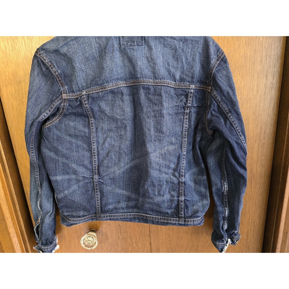 American Eagle Jacket Womens Medium Denim Distressed Dark Blue Trucker Jean LS - Picture 4 of 5